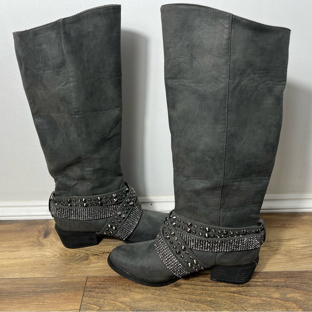 Not Rated Alicia Boot Gray Rhinestone Embellished Knee High Boots Women's Sz 7
